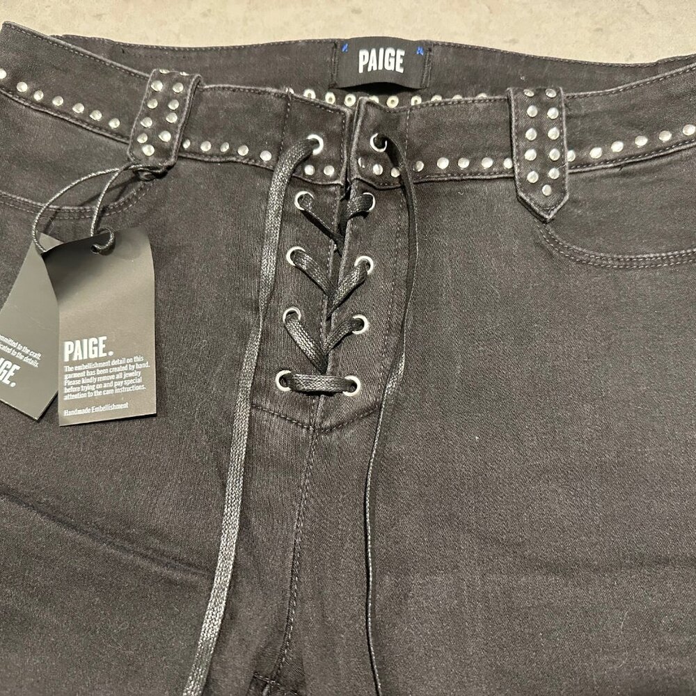 Paige Black Jeans with Silver Grommets and Leather Front Whip Tie